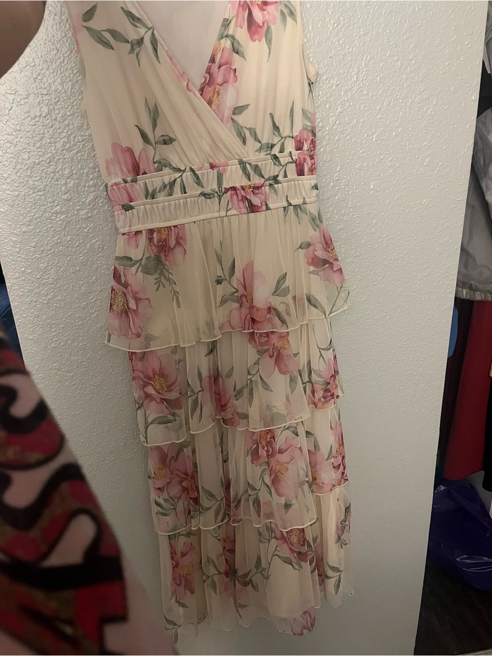 Tiered Floral Wrap Maxi Dress - Cream with Pink Floral